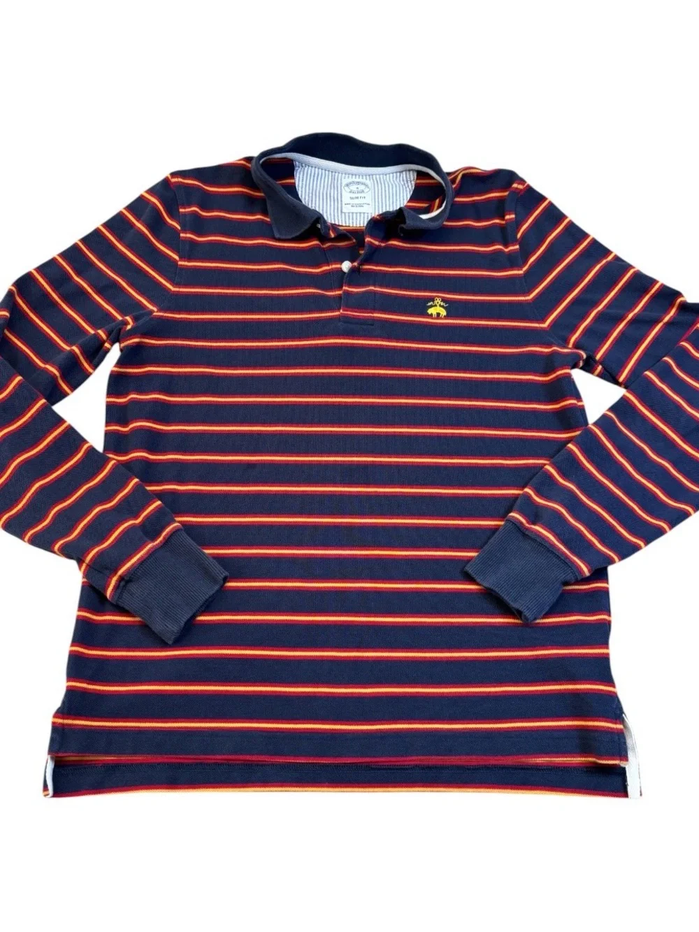 Brooks Brothers Slim Fit Striped Long Sleeve Polo Shirt Navy Gold Red Small EUC